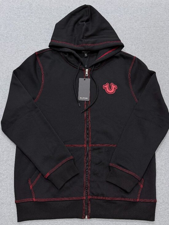 True Religion Other - True Religion Mens TNL Puff Buddha Full Zip Hoodie Large L Black Red Stitch NWT